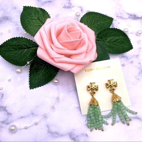 NWOT Tory Burch Gold Roxanne,Mint Green Beaded Dangle Stud Earings - Picture 5 of 7